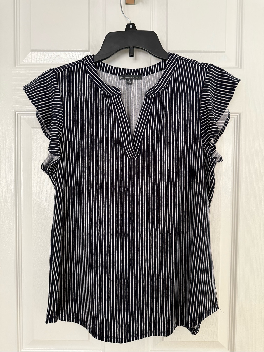 Adrianna Papell Navy and White Vertical Stripe Cap-Sleeve V-Neck Top